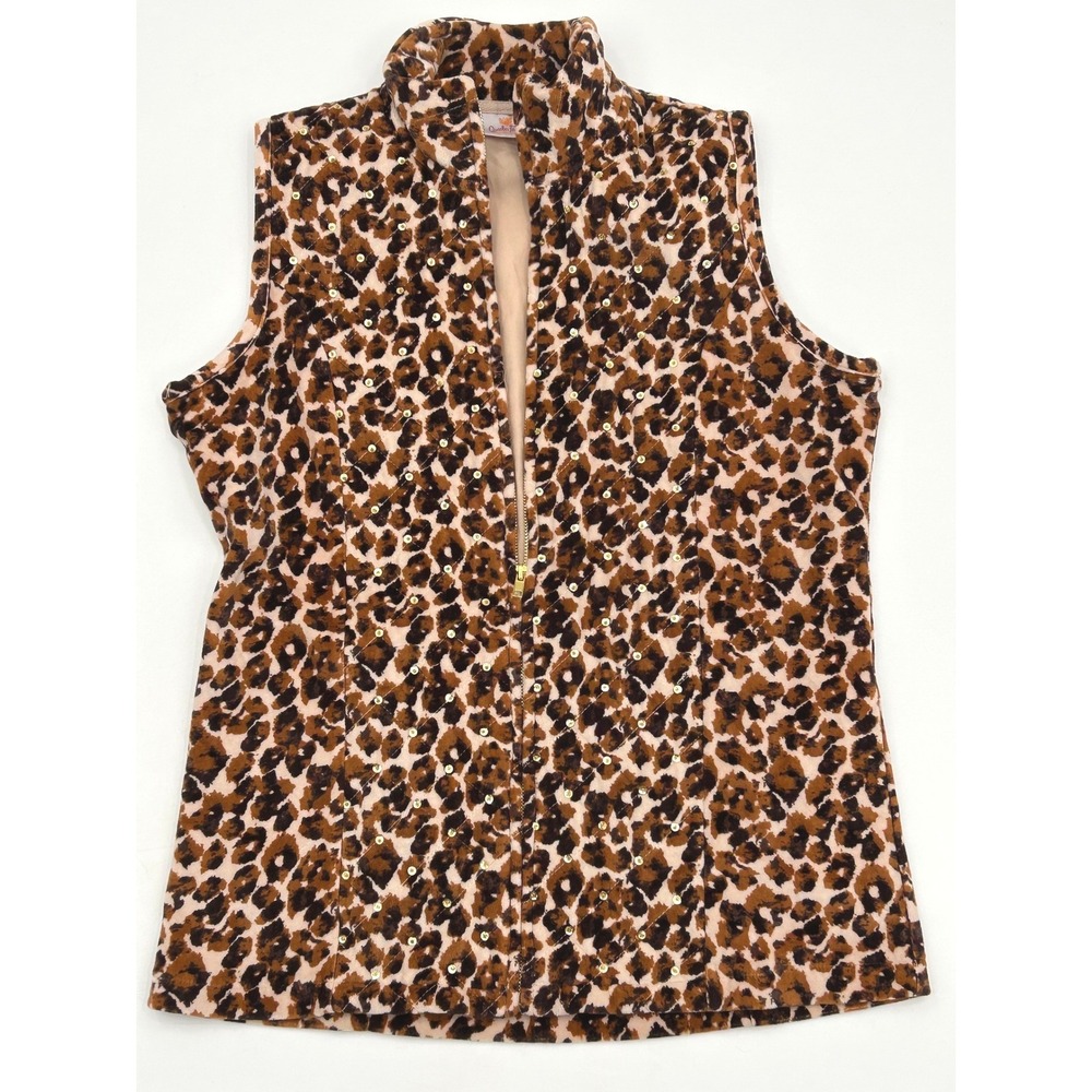 Quaker Factory Womens Front Zip Sequin Leopard Print Vest Size S Lightweight